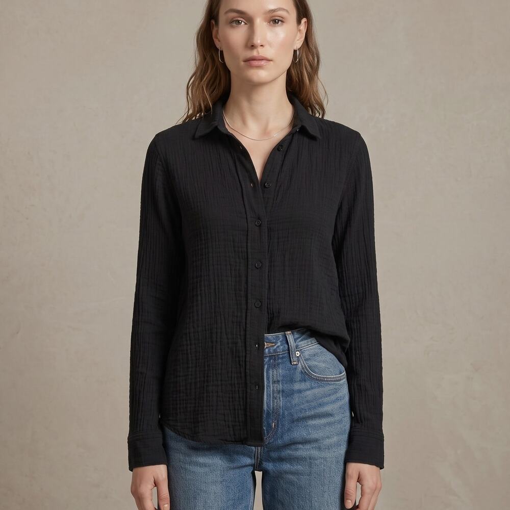 ETERNE Women's Black Cotton Gauze blouse button up size XS